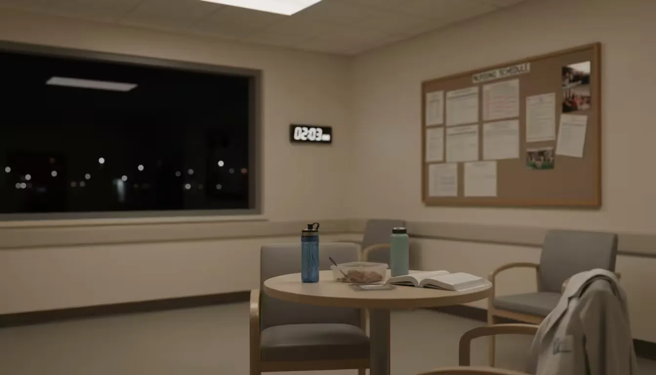Medium shot of a quiet hospital break room during night shift, captured around 2 AM with soft overhead fluorescent lighting creating a calm atmosphere