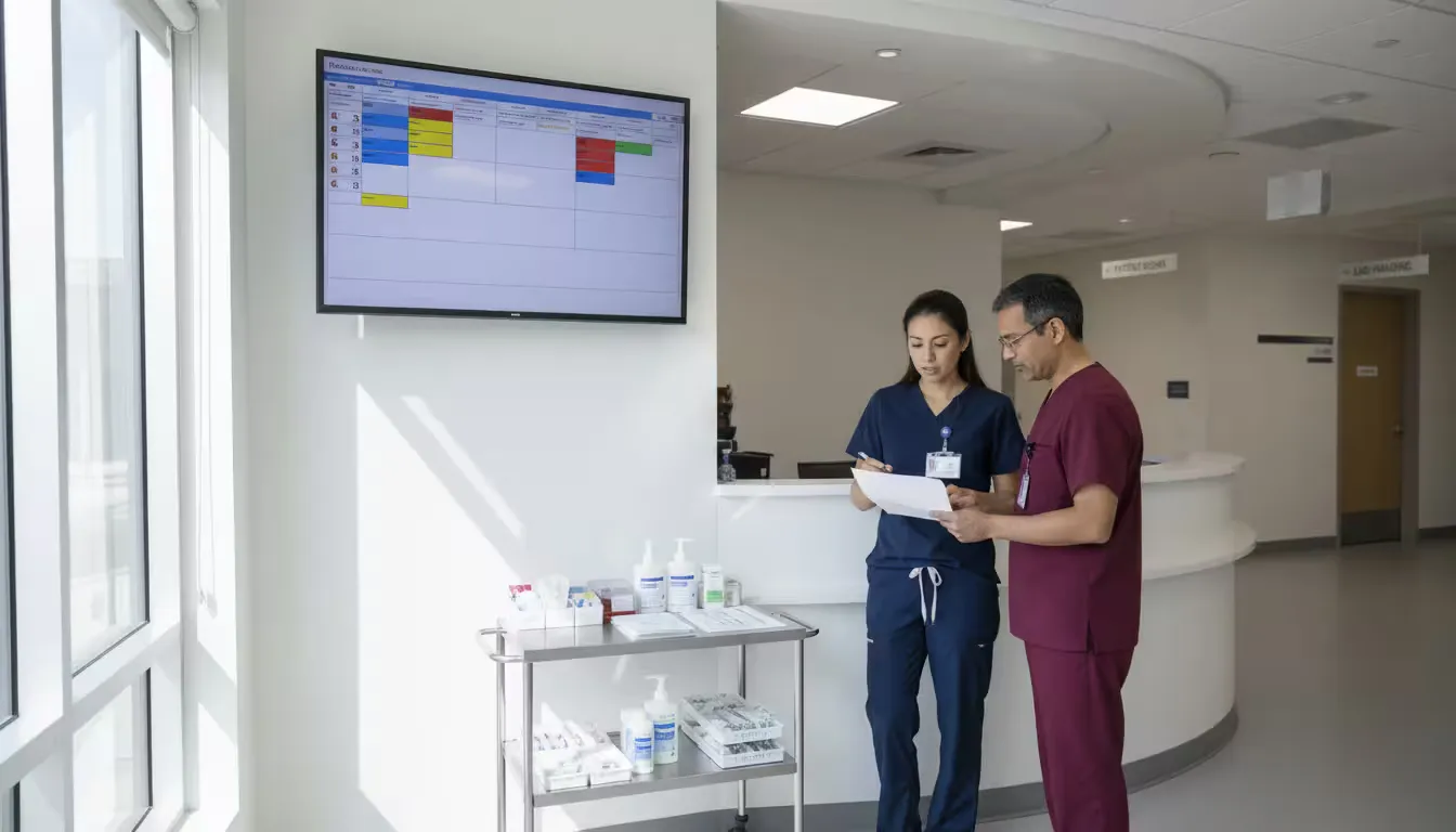 Medium shot of a medical clinic staff coordination area during afternoon shift change, photographed at eye level with natural window light mixing with