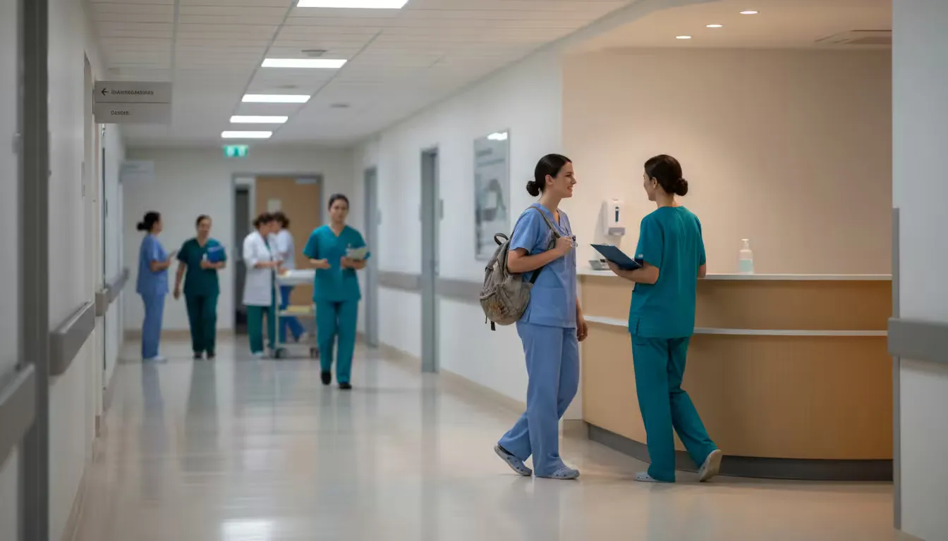 Wide shot of a medical clinic corridor during shift change at dusk, soft diffused overhead lighting creating a calm, professional atmosphere.
