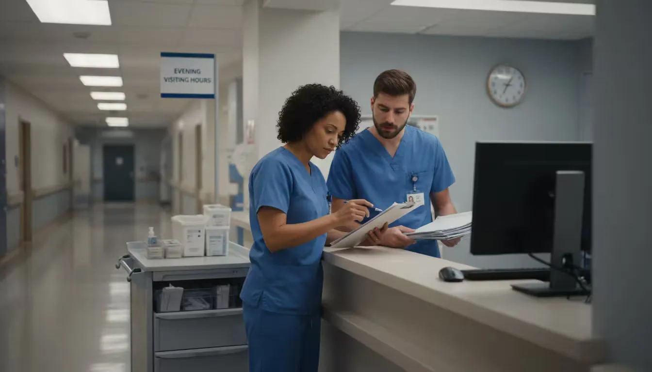 Medium shot at eye level in a hospital nursing station during the 7 PM shift change under soft overhead fluorescent lighting.