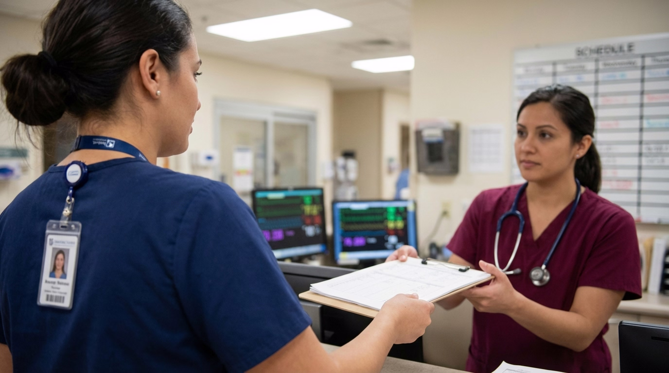 Two nurses exchanging clipboard during hospital shift handoff