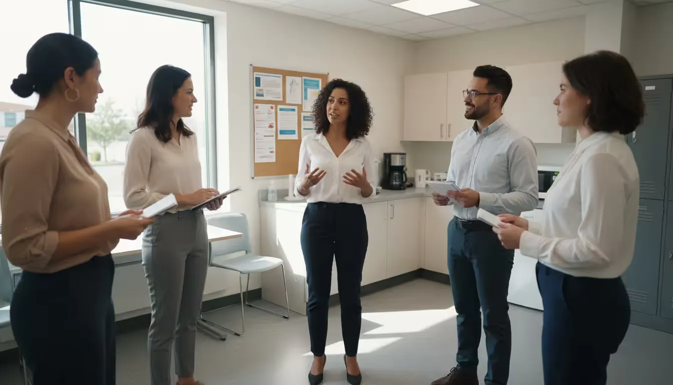 Medium shot at eye level capturing six diverse candidates standing in a loose circle in a medical clinic's staff break room during a group interview e