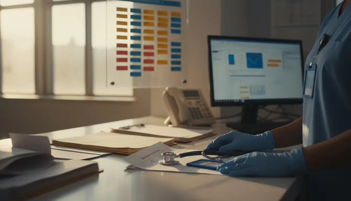 Close-up shot of a hospital nurse station countertop during early morning golden hour light filtering through nearby windows.