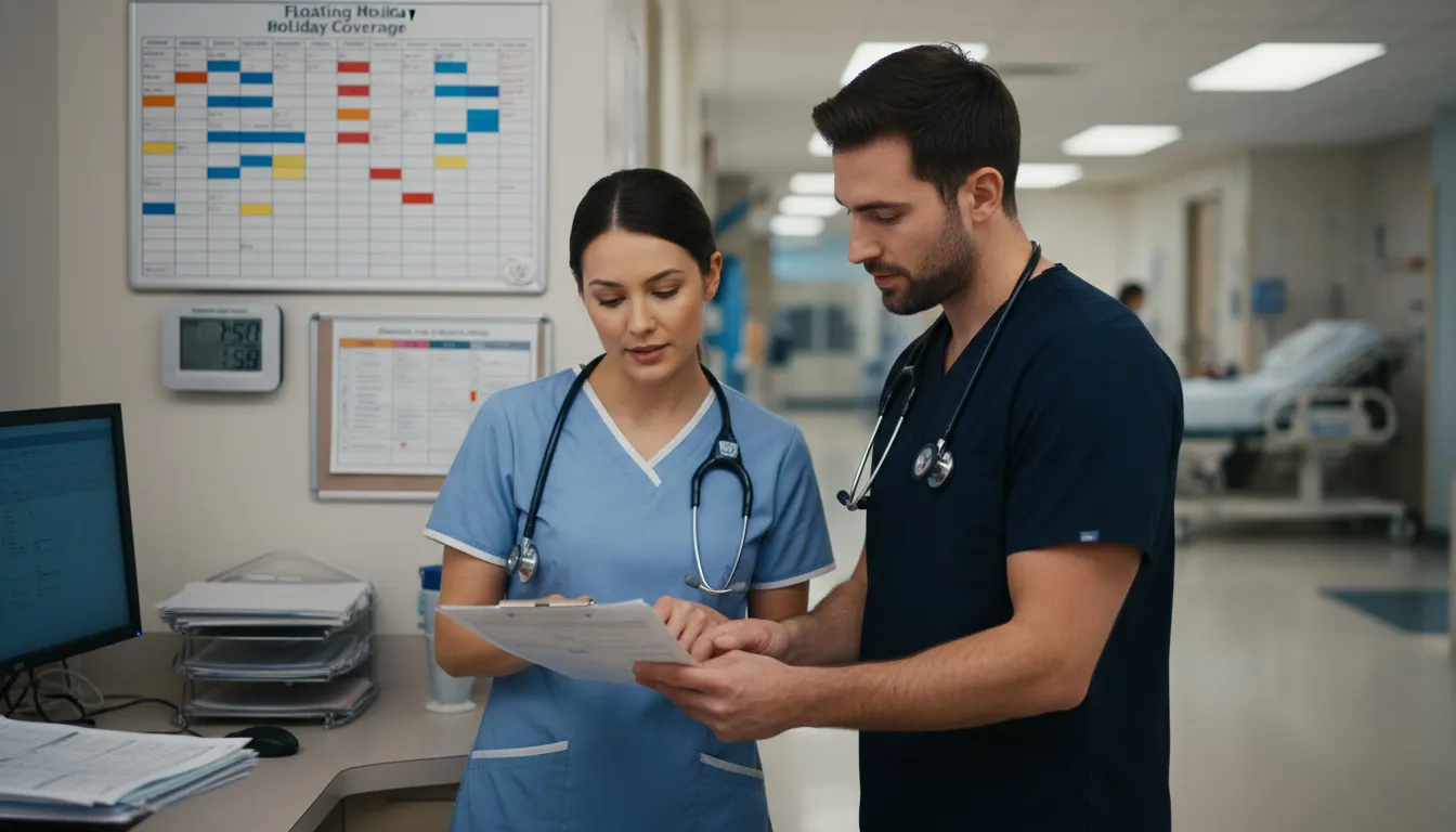 Healthcare workers coordinating floating holiday coverage at nurse station