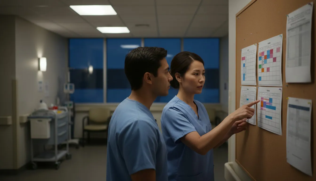 Nurses reviewing shift schedule at hospital station during night shift