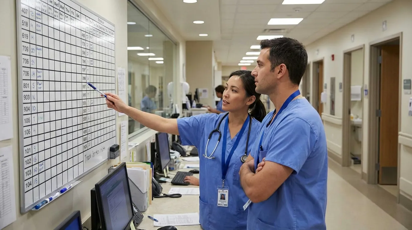 Two healthcare workers discussing shift handoff at nursing station whiteboard