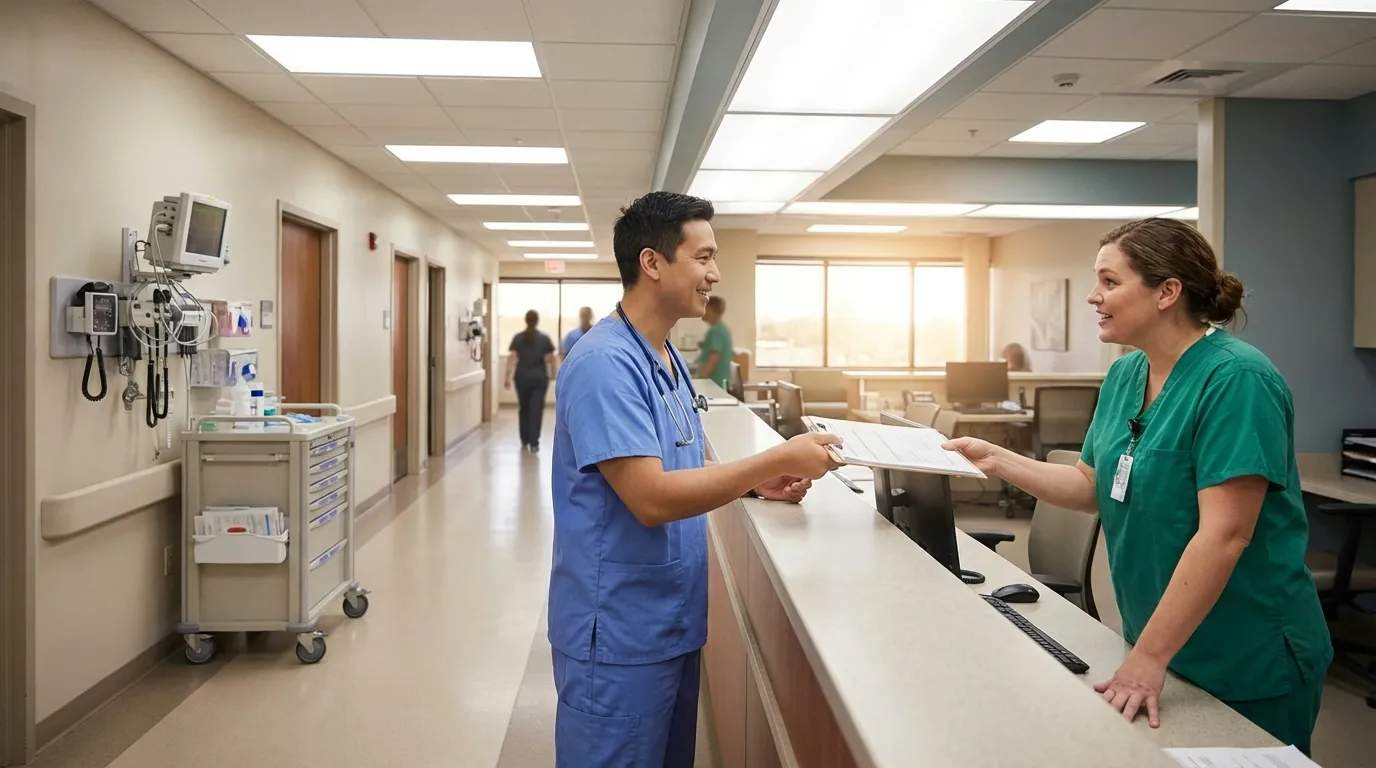 Healthcare workers exchanging shift information at nurses station