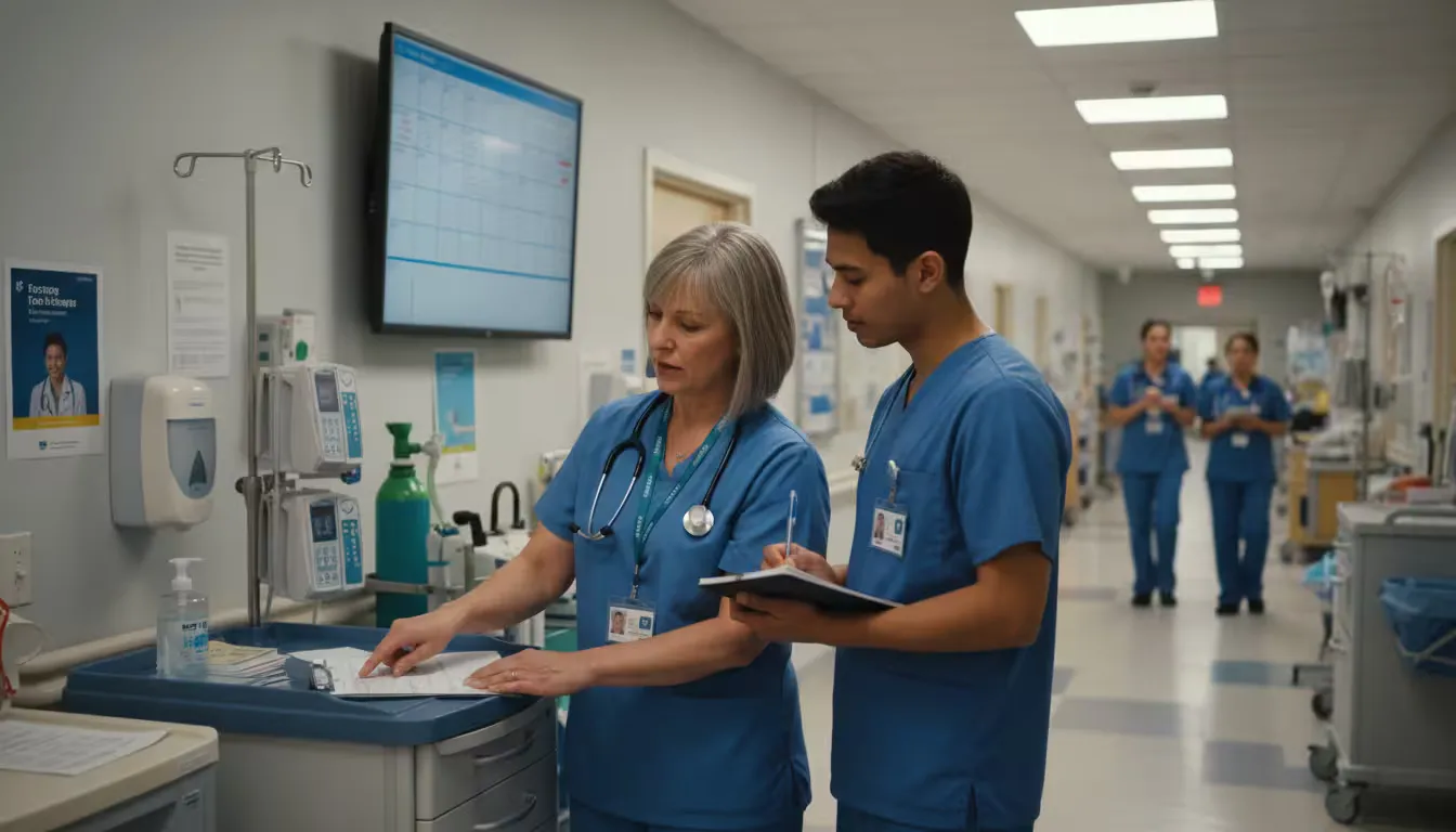 Eye-level shot of a senior nurse conducting bedside training with a new nursing assistant during shift handoff in a hospital corridor near a nurses' s