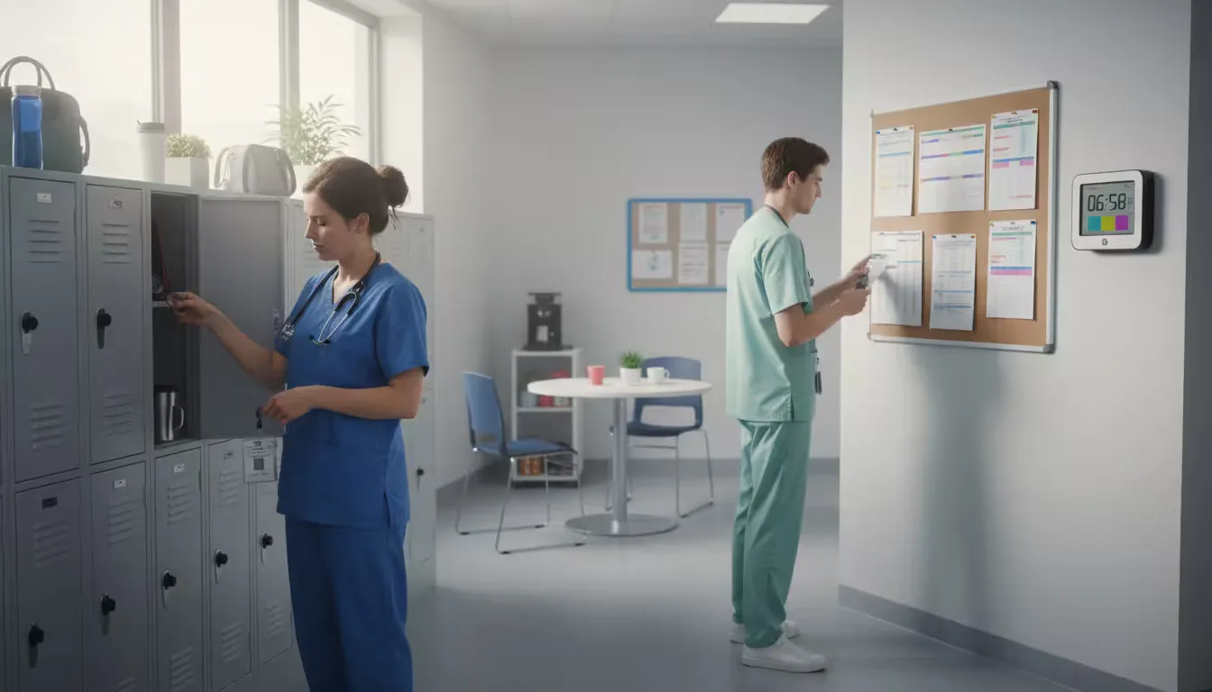 Photorealistic scene of a hospital staff break room during shift change, captured with natural window light from early morning sun.
