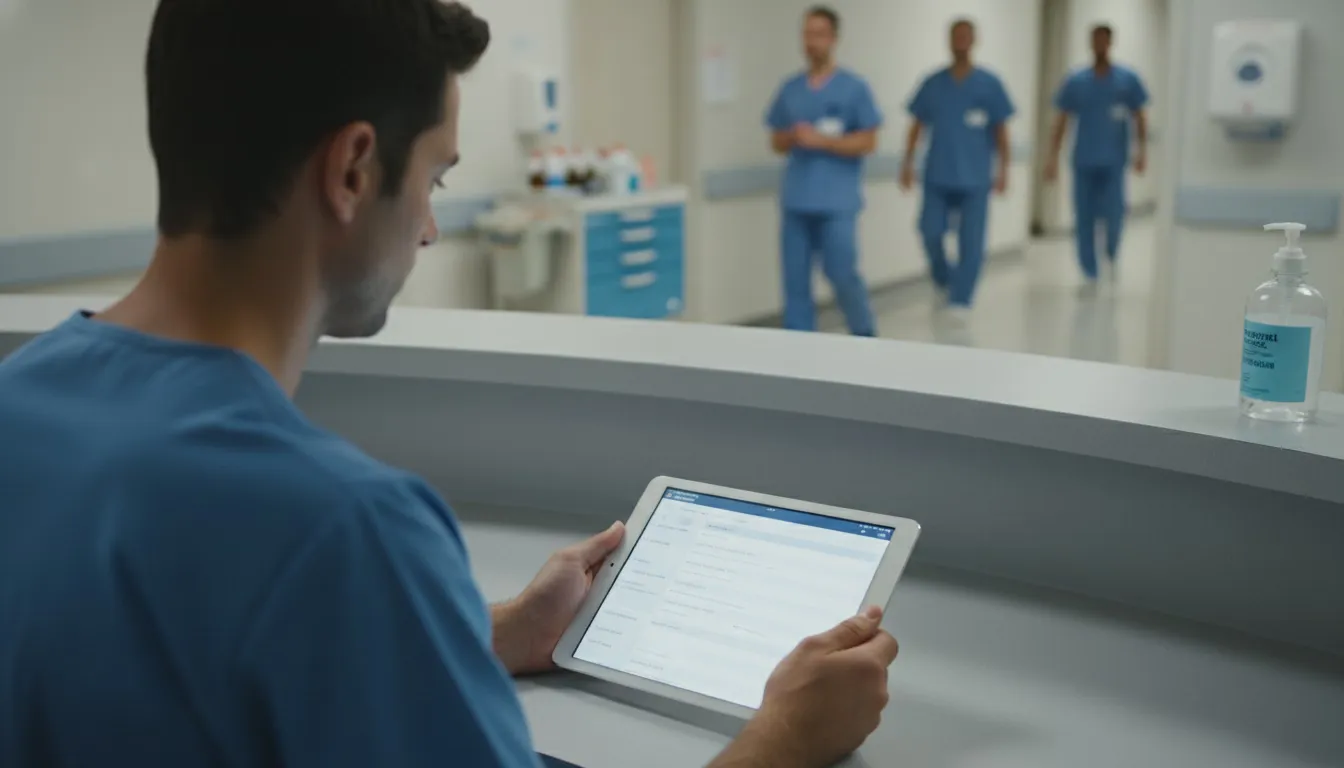 Healthcare supervisor in scrubs reviewing discipline documentation on tablet at nurses station