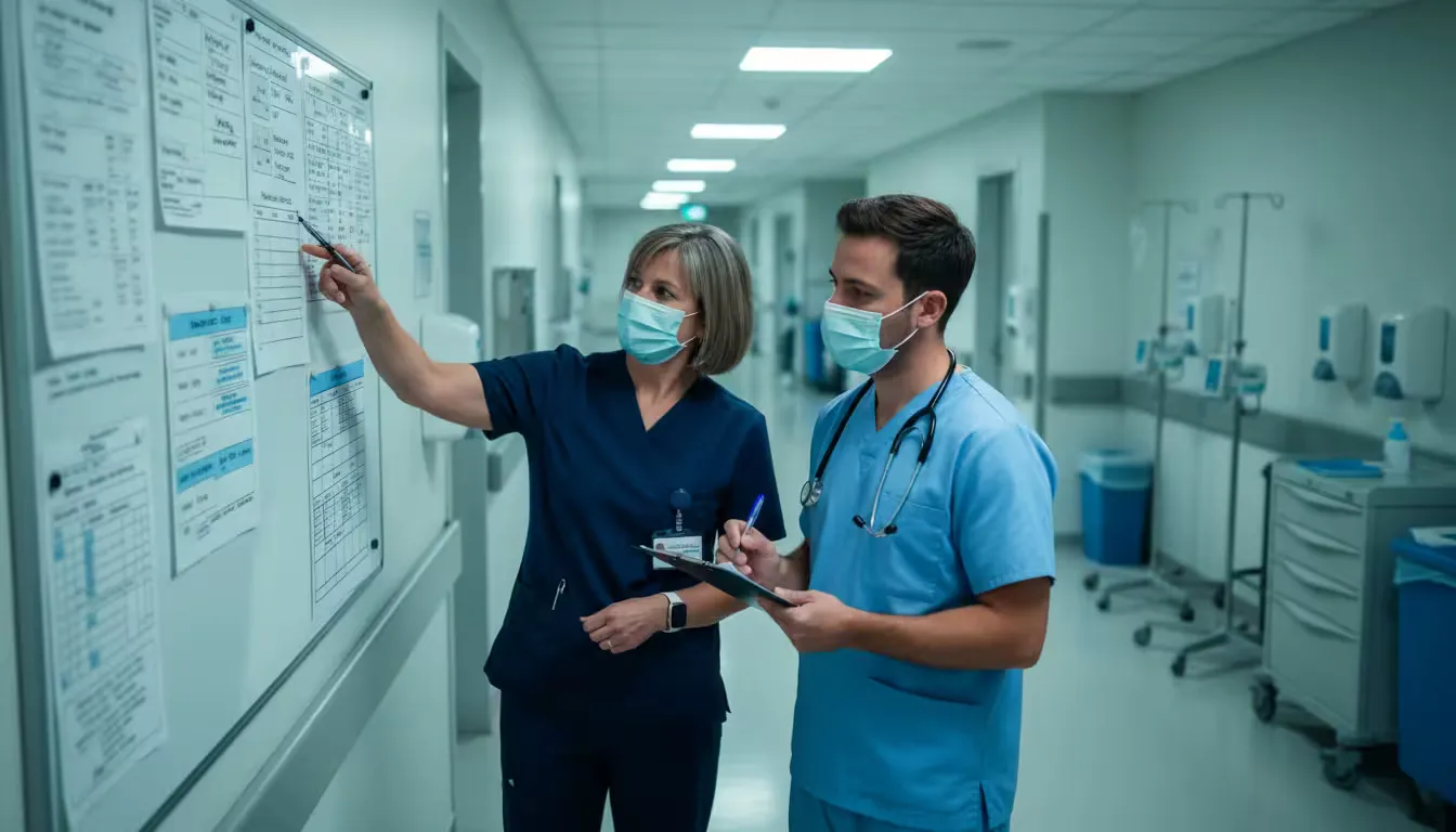 Over-the-shoulder shot of two healthcare workers—one permanent staff member and one temporary nurse—standing at a medical facility hallway station dur