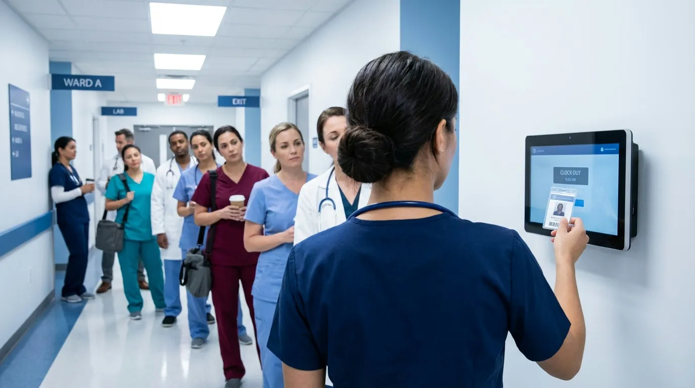 Healthcare workers scanning badges at hospital time clock station