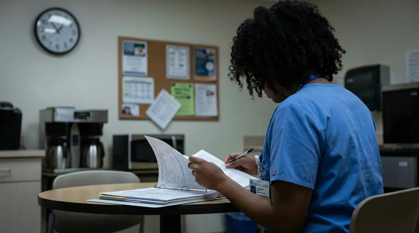 Healthcare worker in scrubs reviewing paperwork in hospital break room