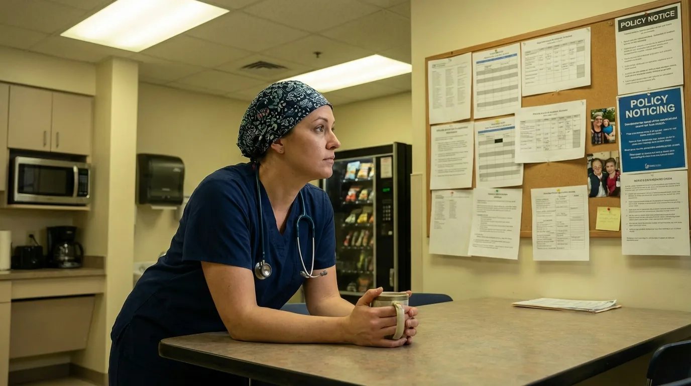 Nurse in scrubs taking a break in hospital break room