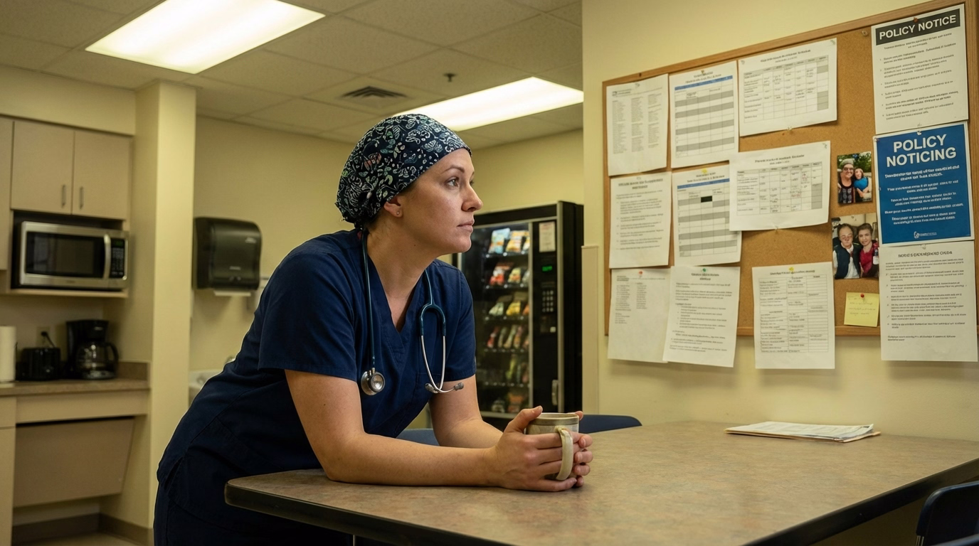 Nurse in scrubs taking a break in hospital break room