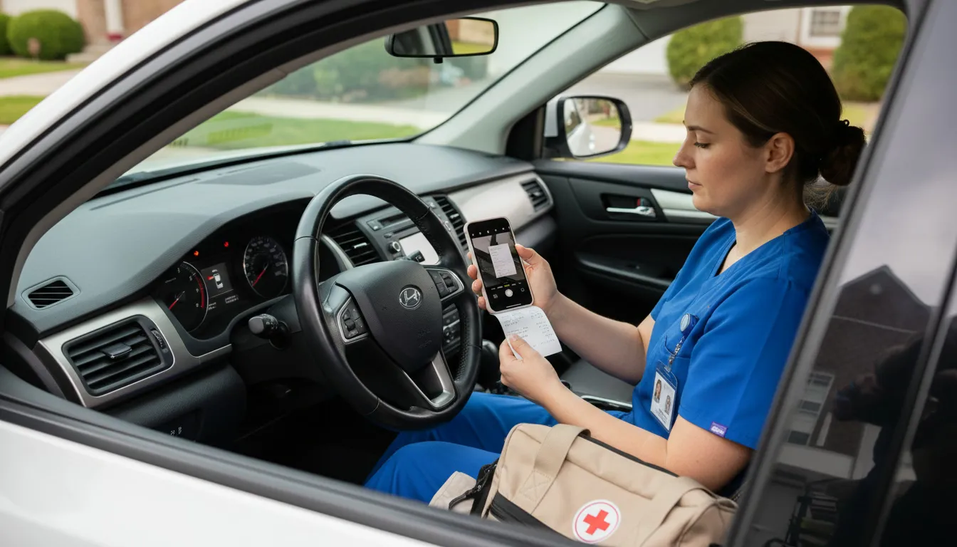 Healthcare nurse photographing fuel receipt in vehicle for expense submission