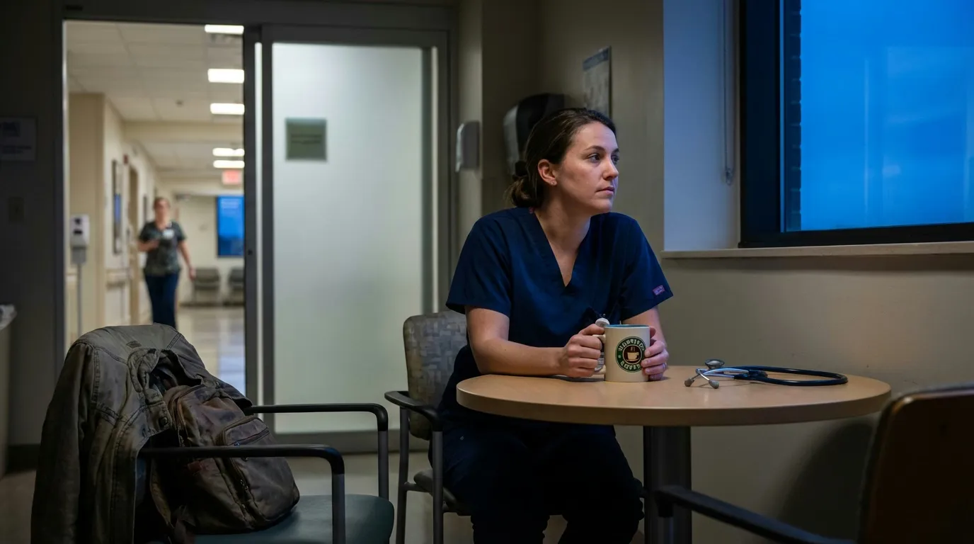 Healthcare worker in scrubs taking reflective moment in hospital break room