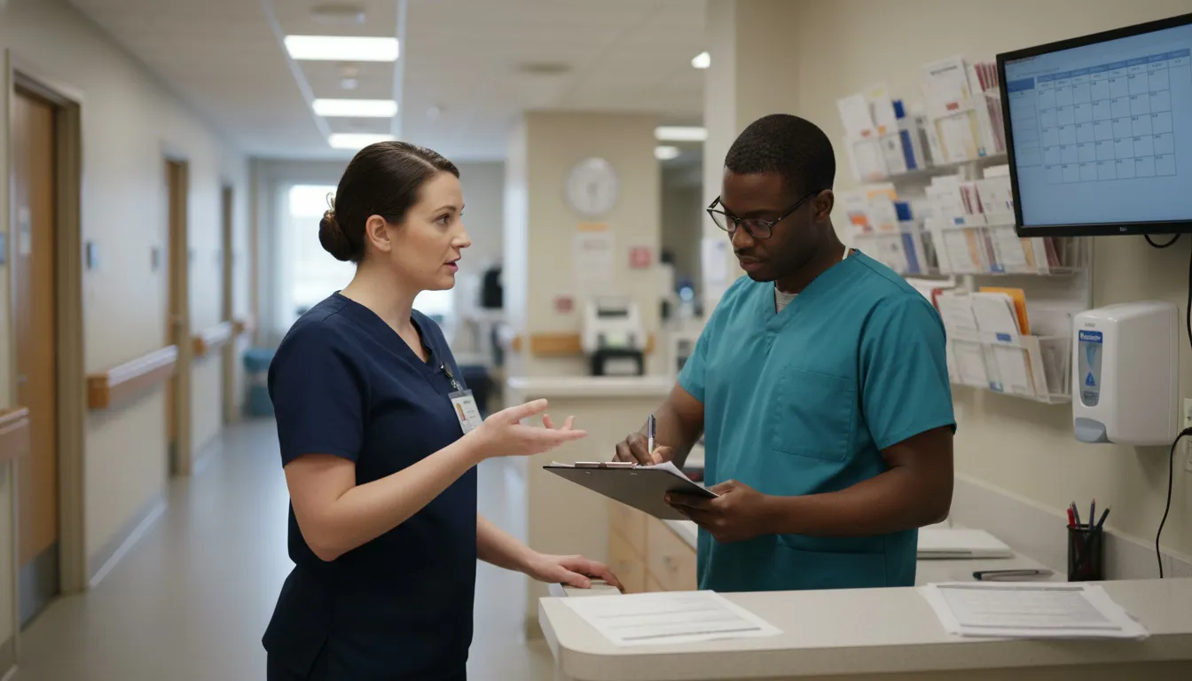 Two healthcare workers discussing leave coverage during shift handoff