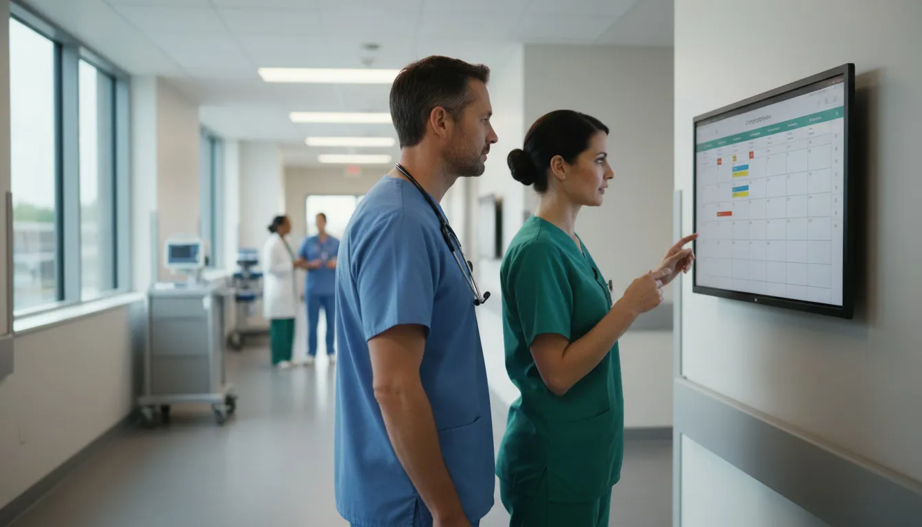 Healthcare workers at nursing station reviewing schedules during shift change
