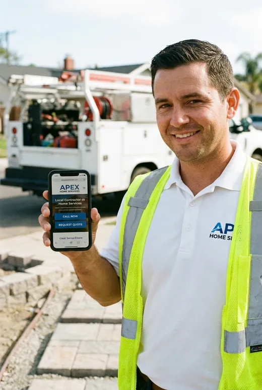 Local contractor showing a mobile service business website at a job site