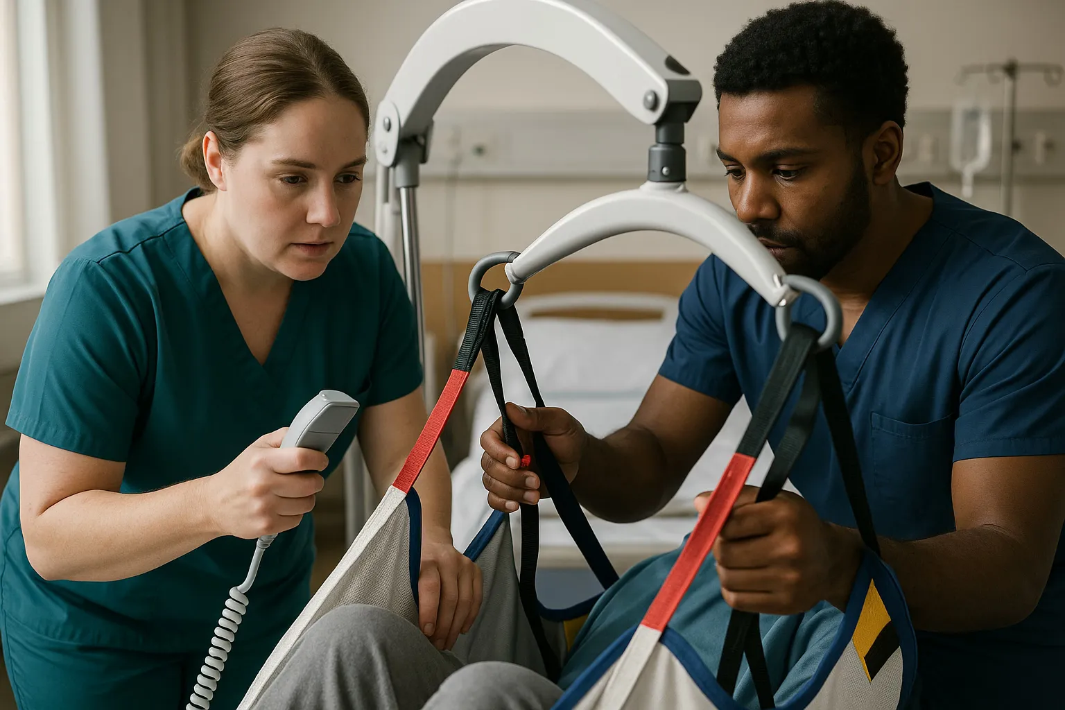 Healthcare workers using mechanical lift for safe patient transfer