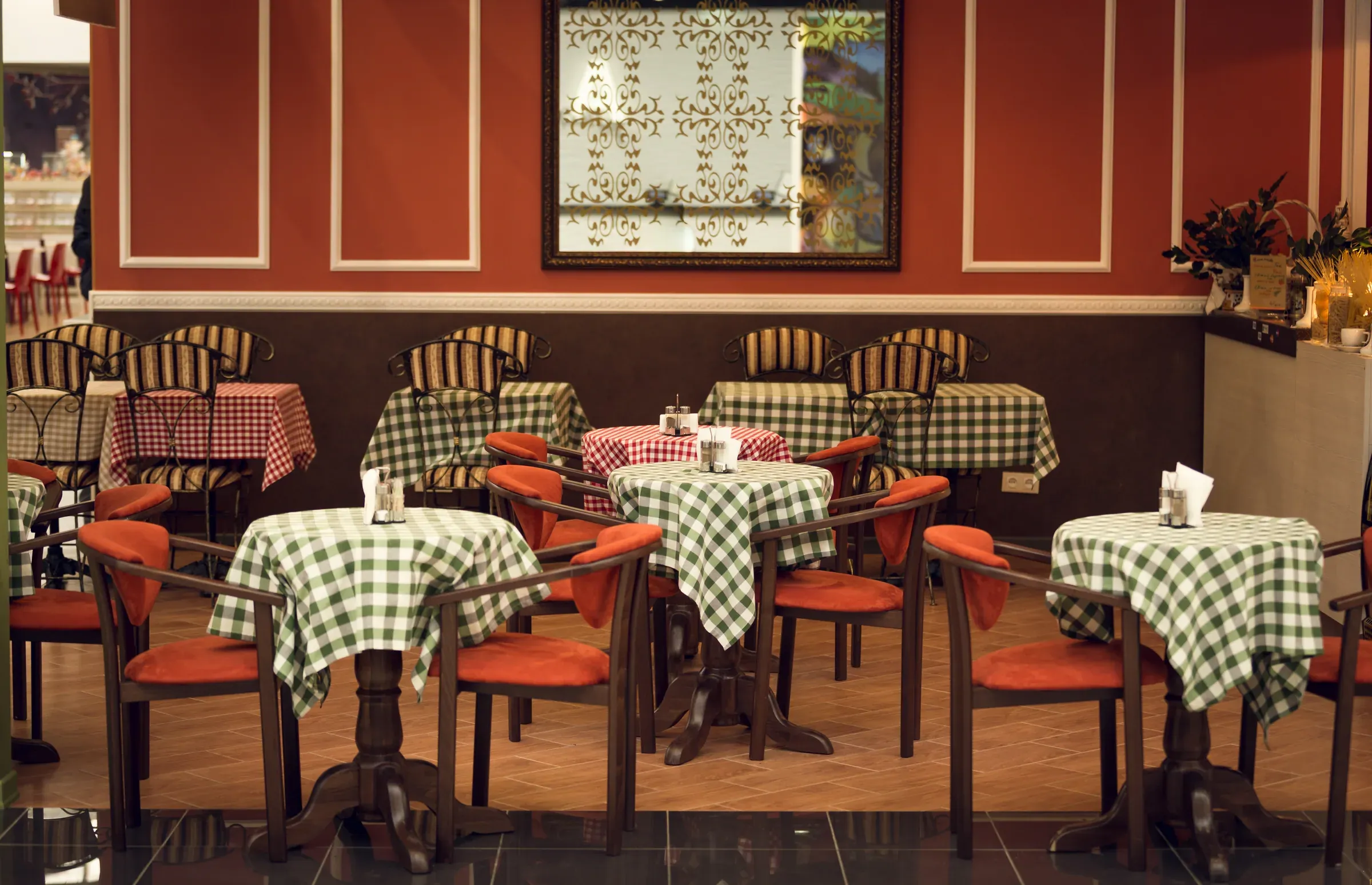 Restaurant dining room with checkered tablecloths