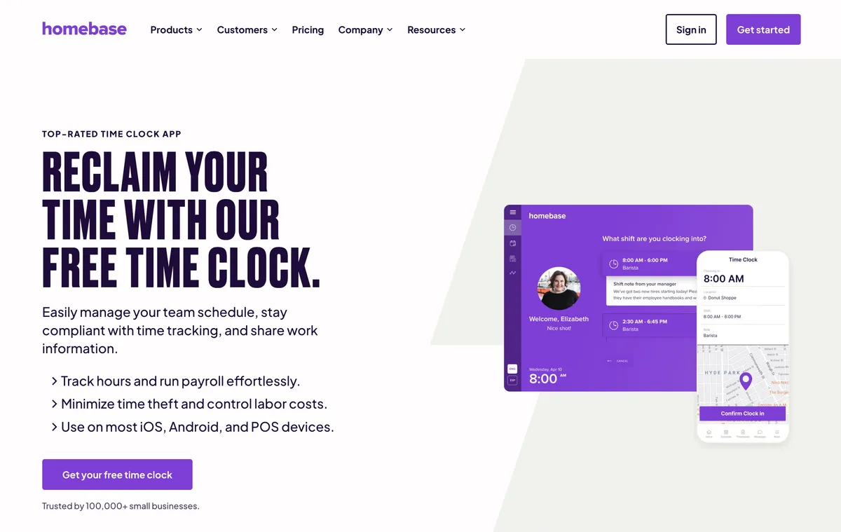 Homebase employee time clock software homepage