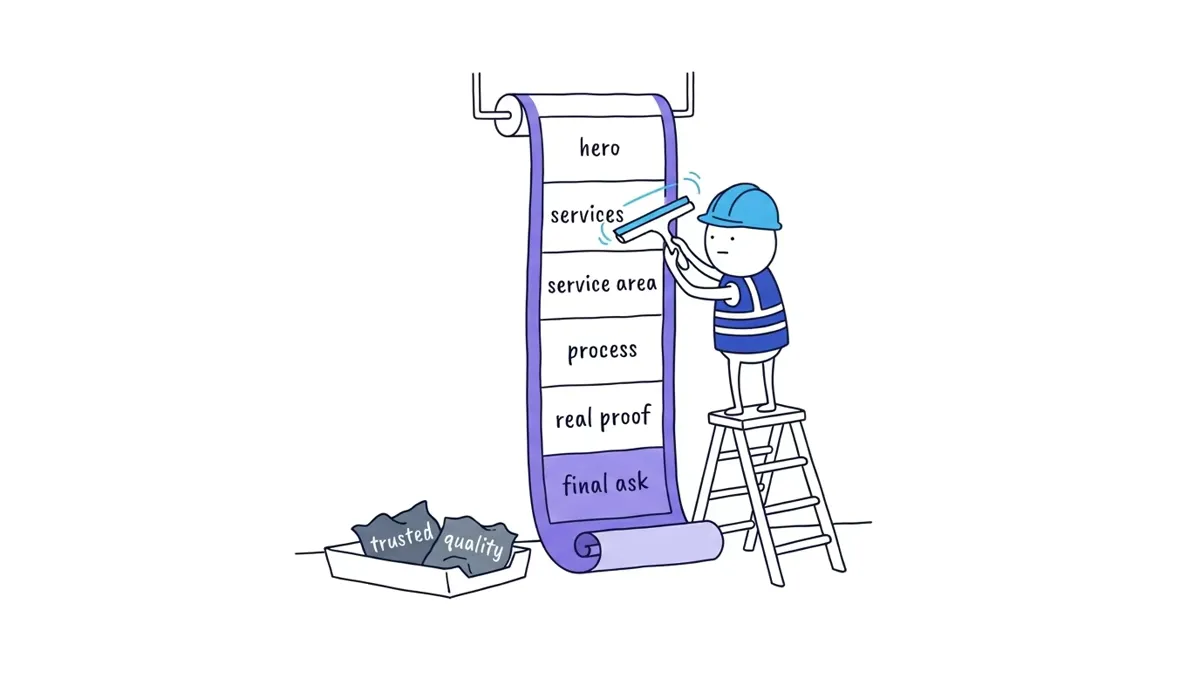 The Worker smooths one long homepage roll made from ordered hero, services, area, process, proof, and final-action panels instead of loose slogans.