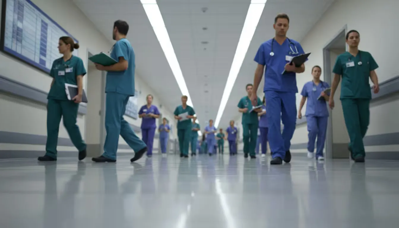Environmental shot of a hospital corridor during shift change, captured from a low angle showing the polished floor reflecting overhead fluorescent li