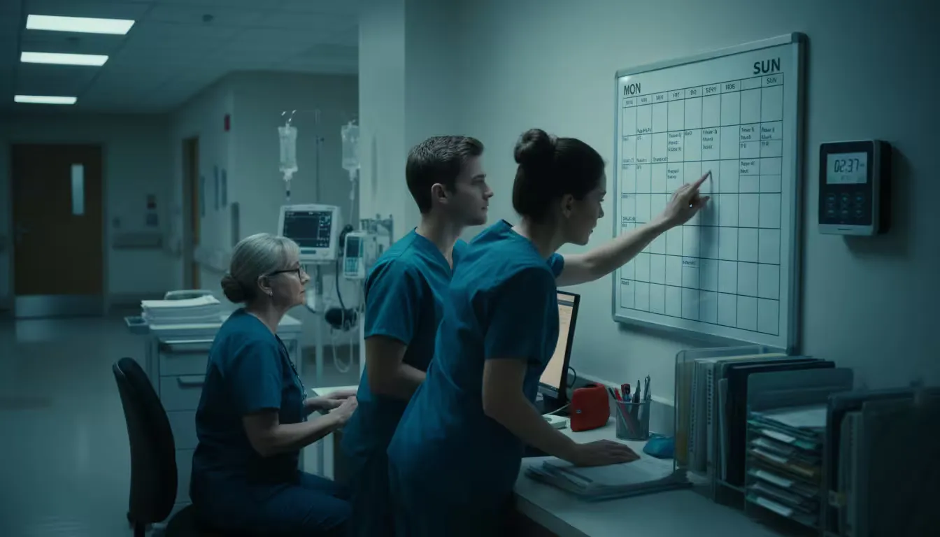 Medium shot of a hospital nursing station during overnight hours, photographed from an over-the-shoulder perspective. Soft overhead lighting illuminates the work area where nurses in scrubs coordinate patient care during a night shift rotation.