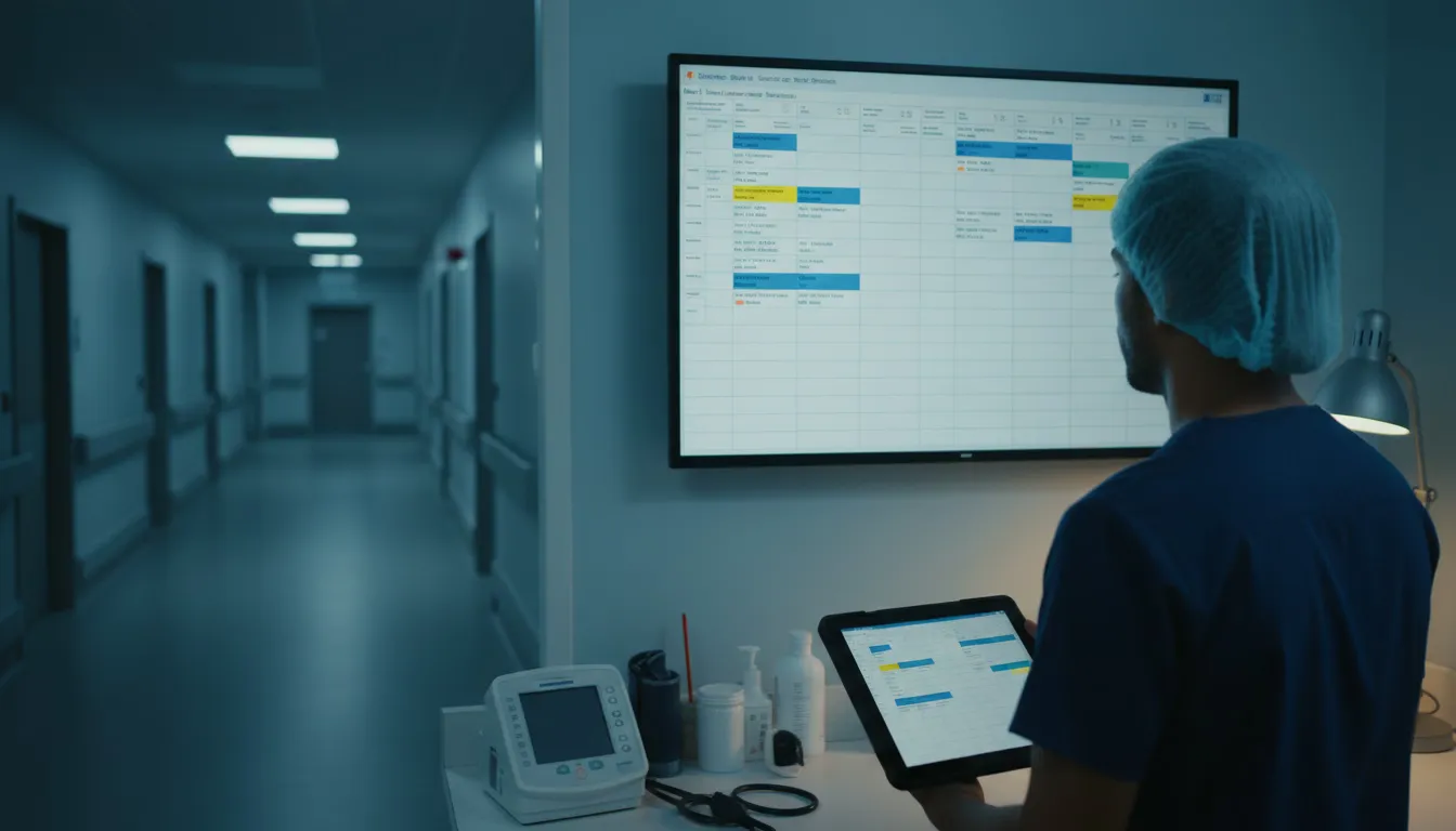 Nurse reviewing shift schedule at hospital station during night hours