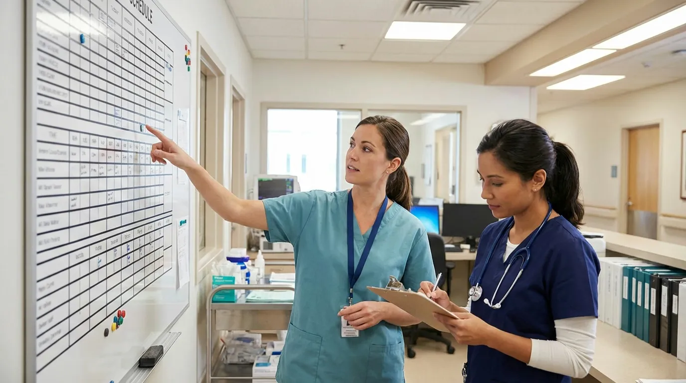 Two nurses reviewing schedule at hospital station during shift handoff