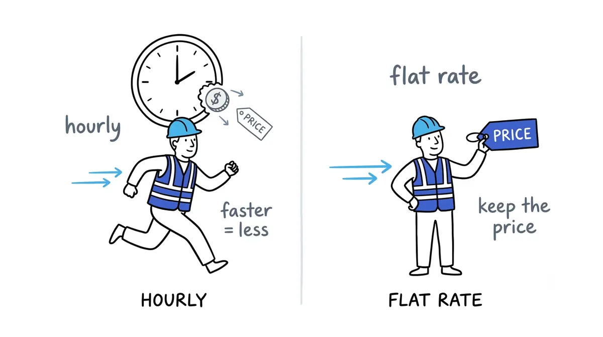 Hourly vs flat-rate electrical pricing: on hourly, the faster you work the less you earn; on flat rate, you keep the price no matter how fast you finish.