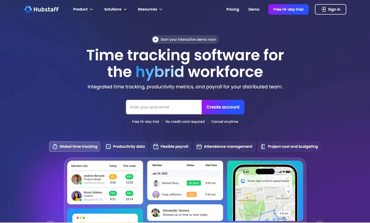 Hubstaff time tracking software homepage with GPS and attendance features