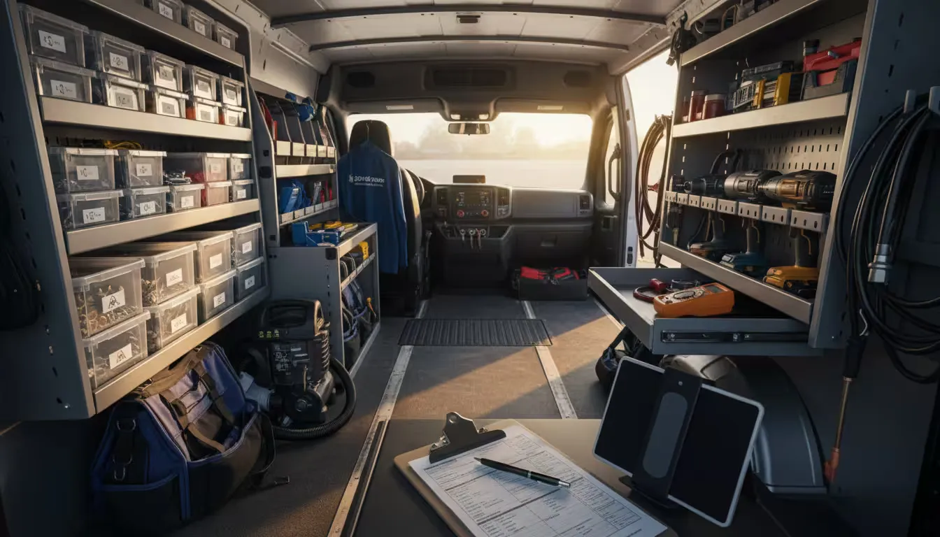 Interior shot of a well-organized HVAC service van taken from the driver's seat looking back toward the cargo area during golden hour, with warm after
