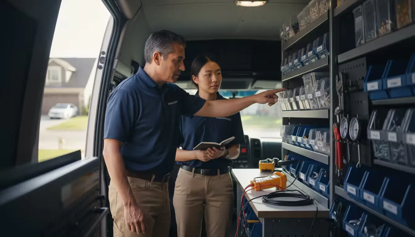 Close-up interior view of an HVAC service van with an experienced technician showing a trainee how to organize tools and parts for efficient service c