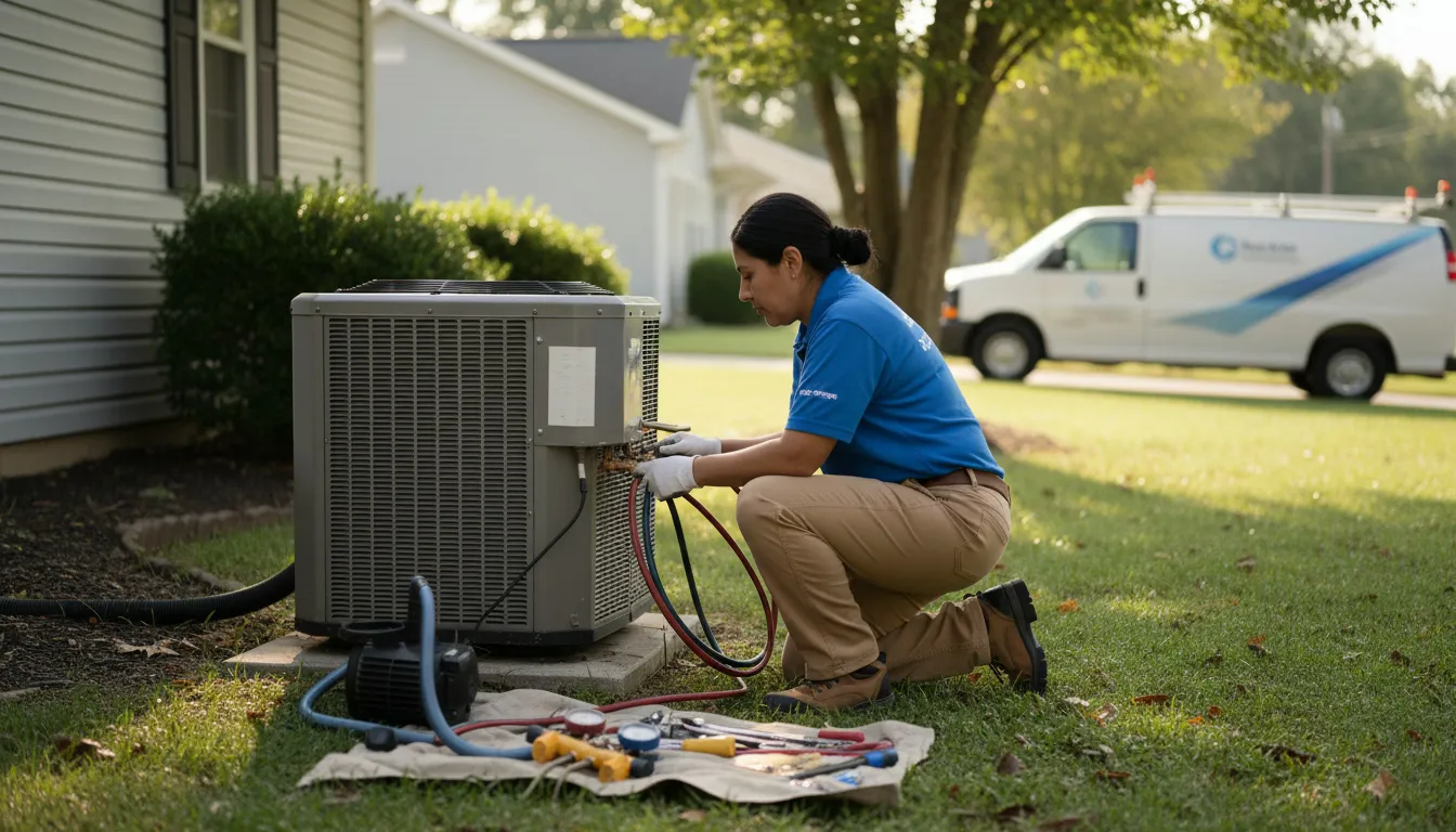 HVAC technician servicing outdoor AC unit at residential property with van in background
