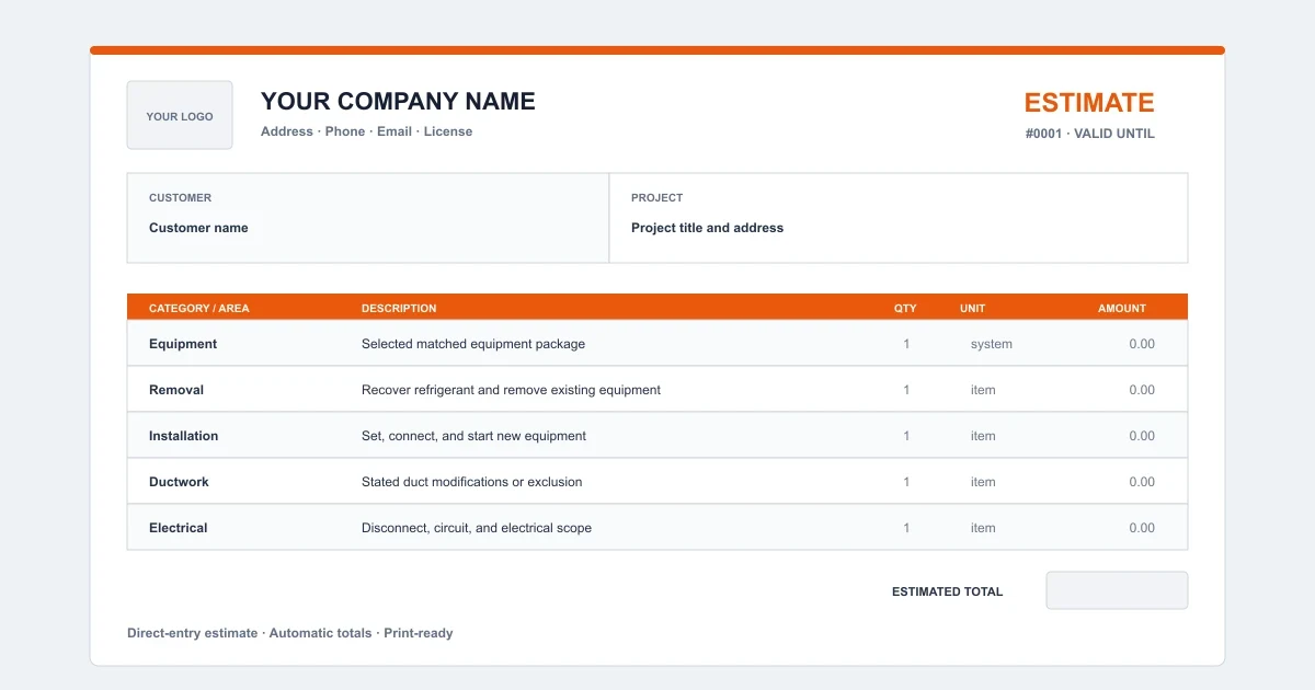 HVAC estimate spreadsheet template with equipment options and automatic pricing totals