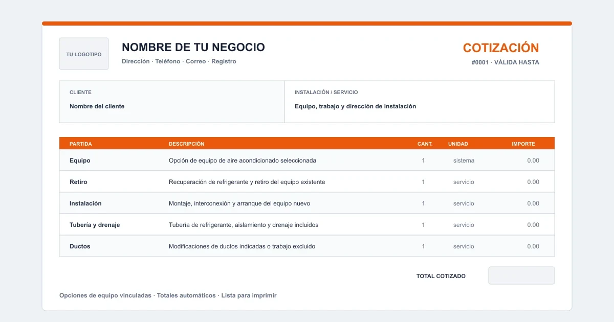 Plantilla de cotización de aire acondicionado en Excel con opciones de equipo y totales automáticos