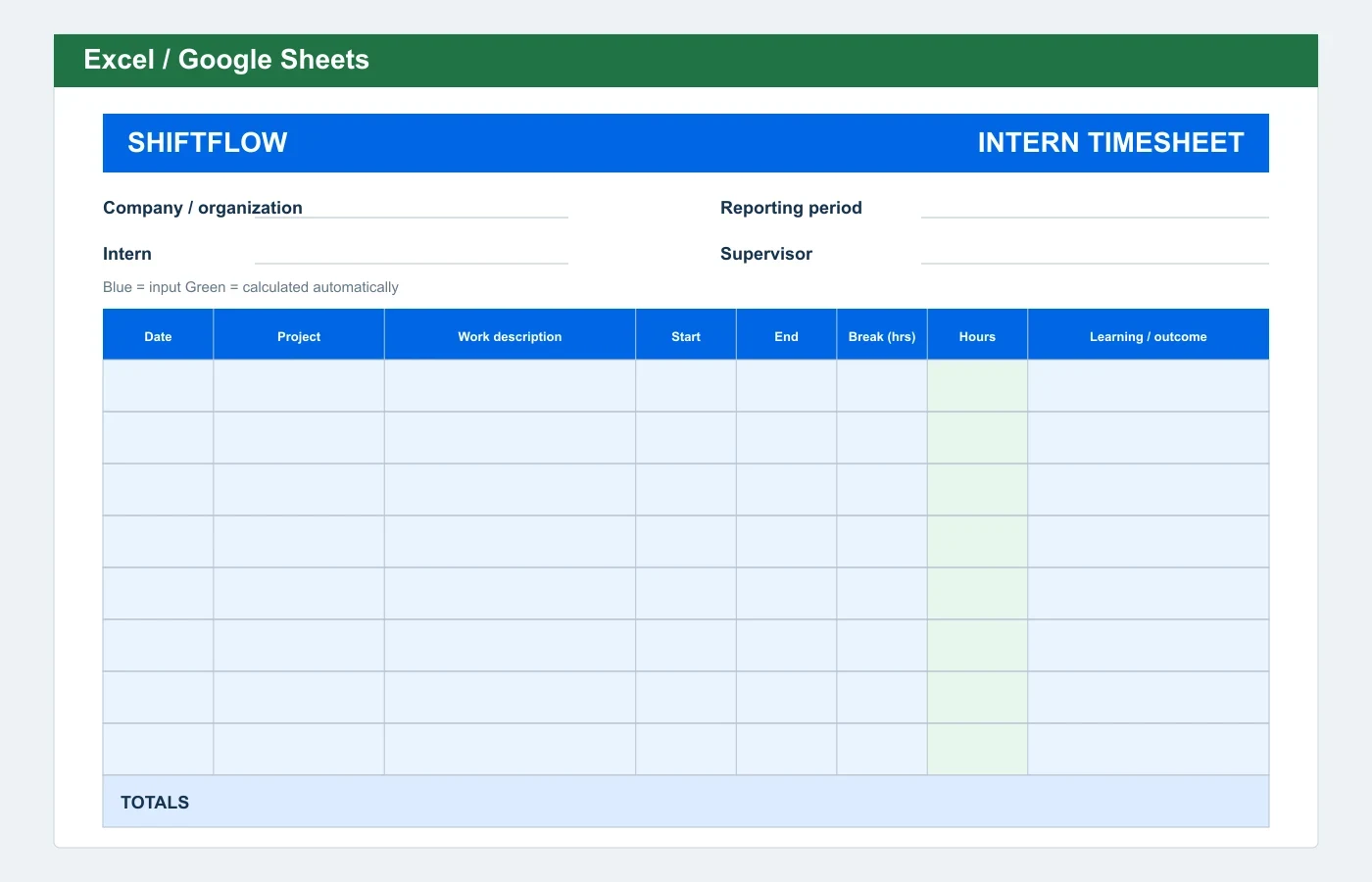 Intern Timesheet Excel template preview