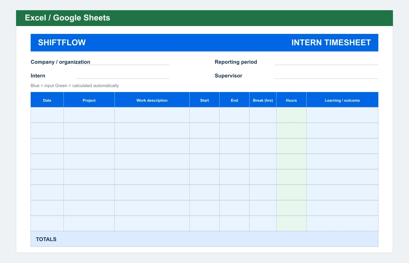 Intern Timesheet Excel template preview
