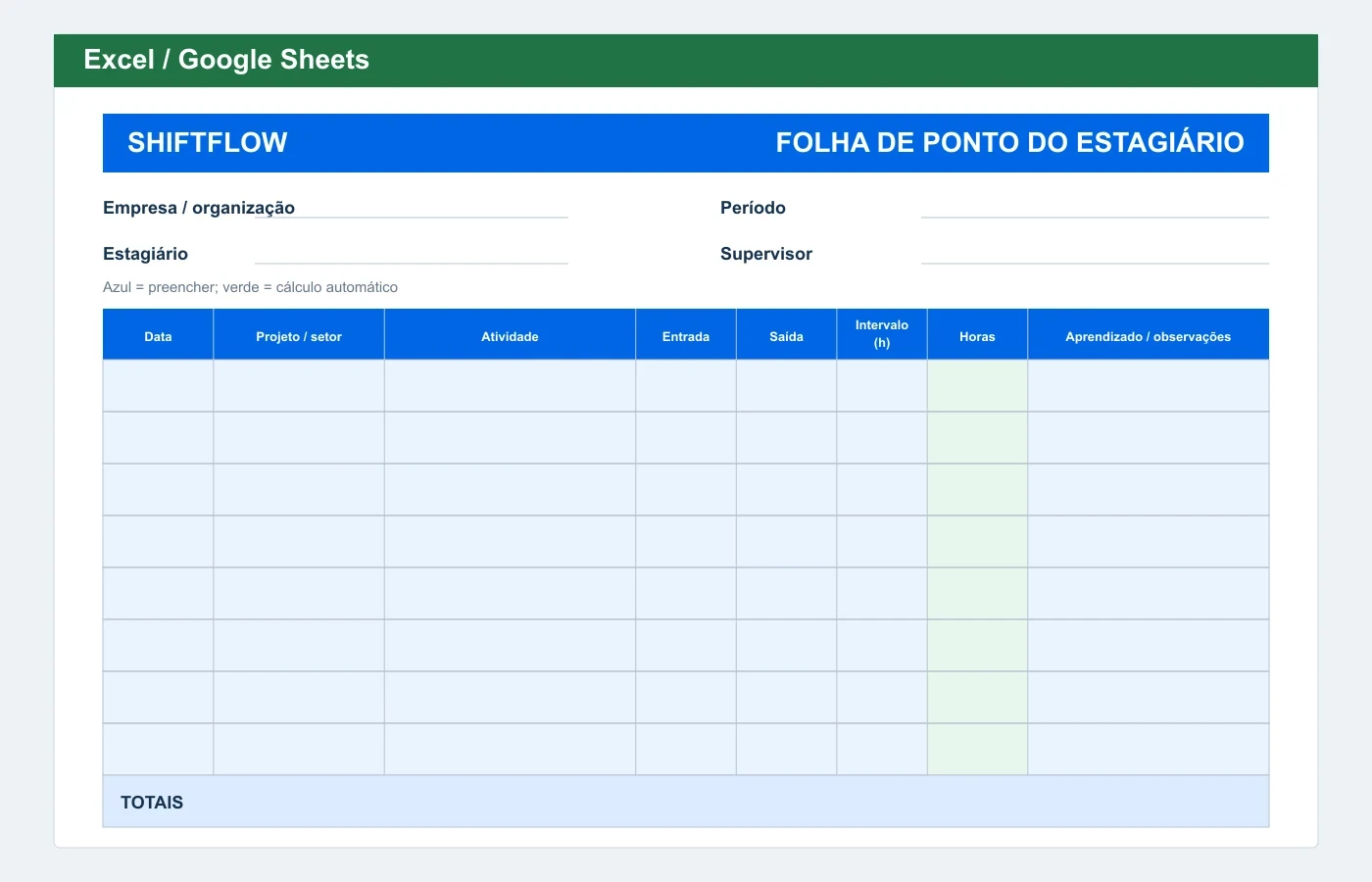 Prévia em Excel: Folha de ponto de estagiário