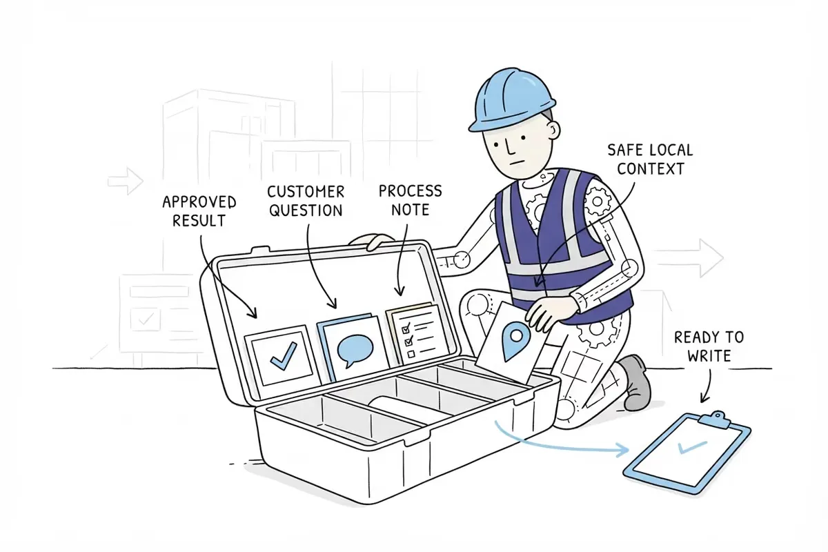 Contractor packing an approved result, customer question, process note, and safe local context into a four-part content kit after a job.