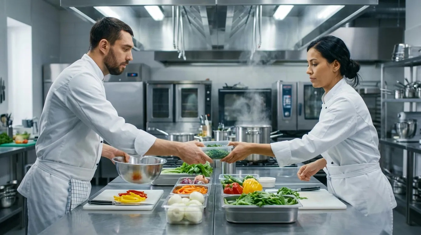 Kitchen staff collaborating at stainless steel prep station