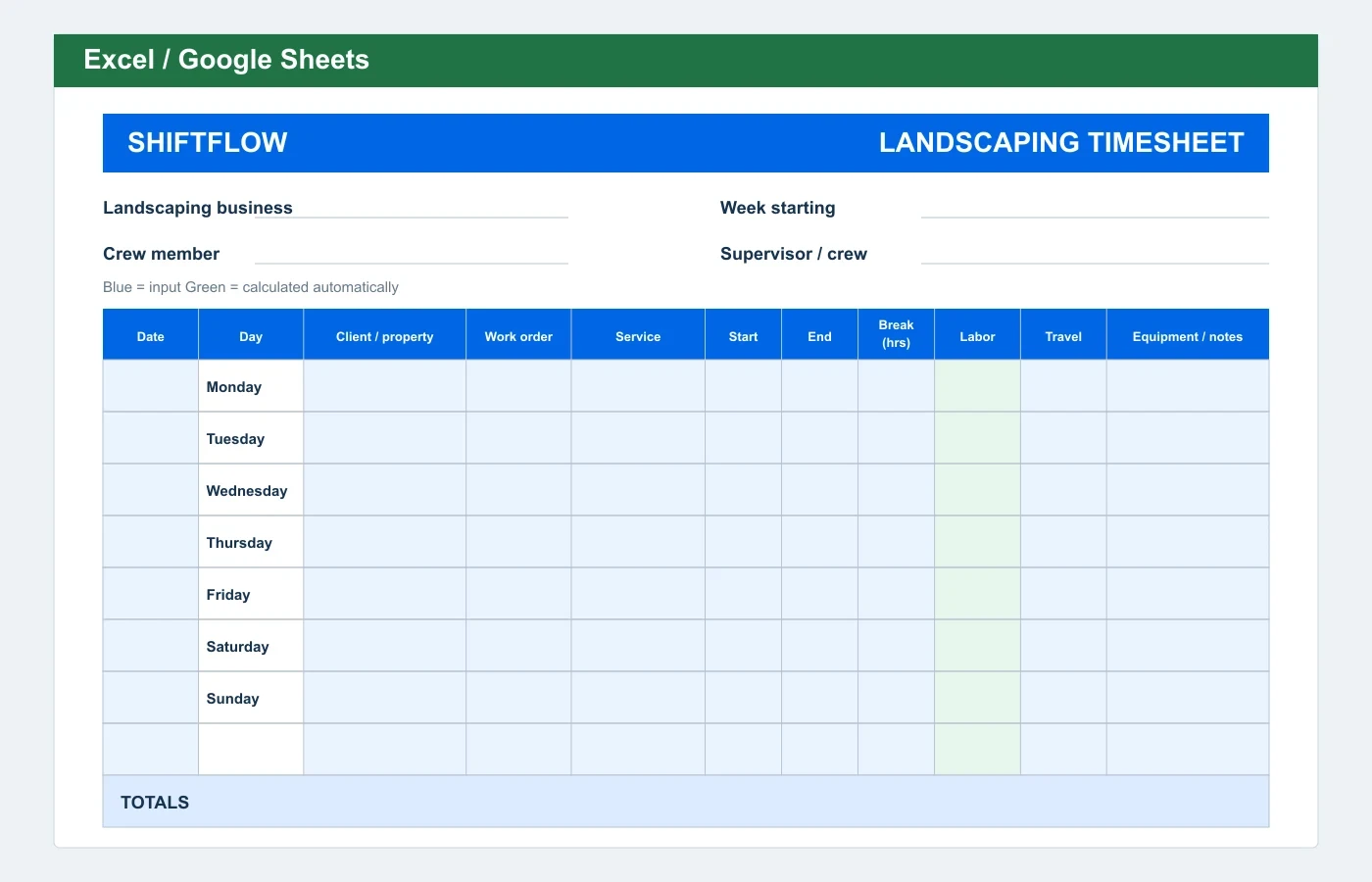 Landscaping Timesheet Excel template preview