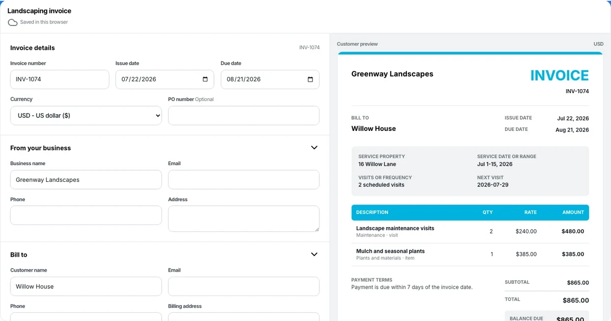 Landscaping invoice template preview with line items and automatic totals