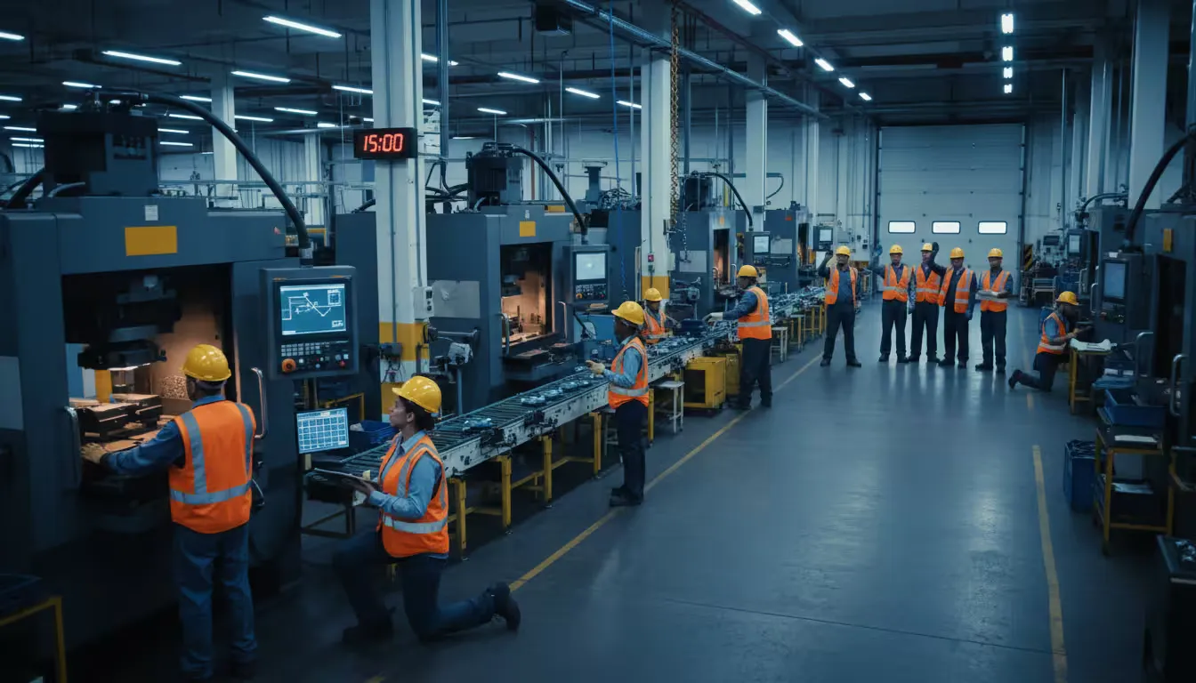 Wide shot from an elevated angle showing a manufacturing production floor during the 3 PM shift start time with bright overhead industrial lighting.