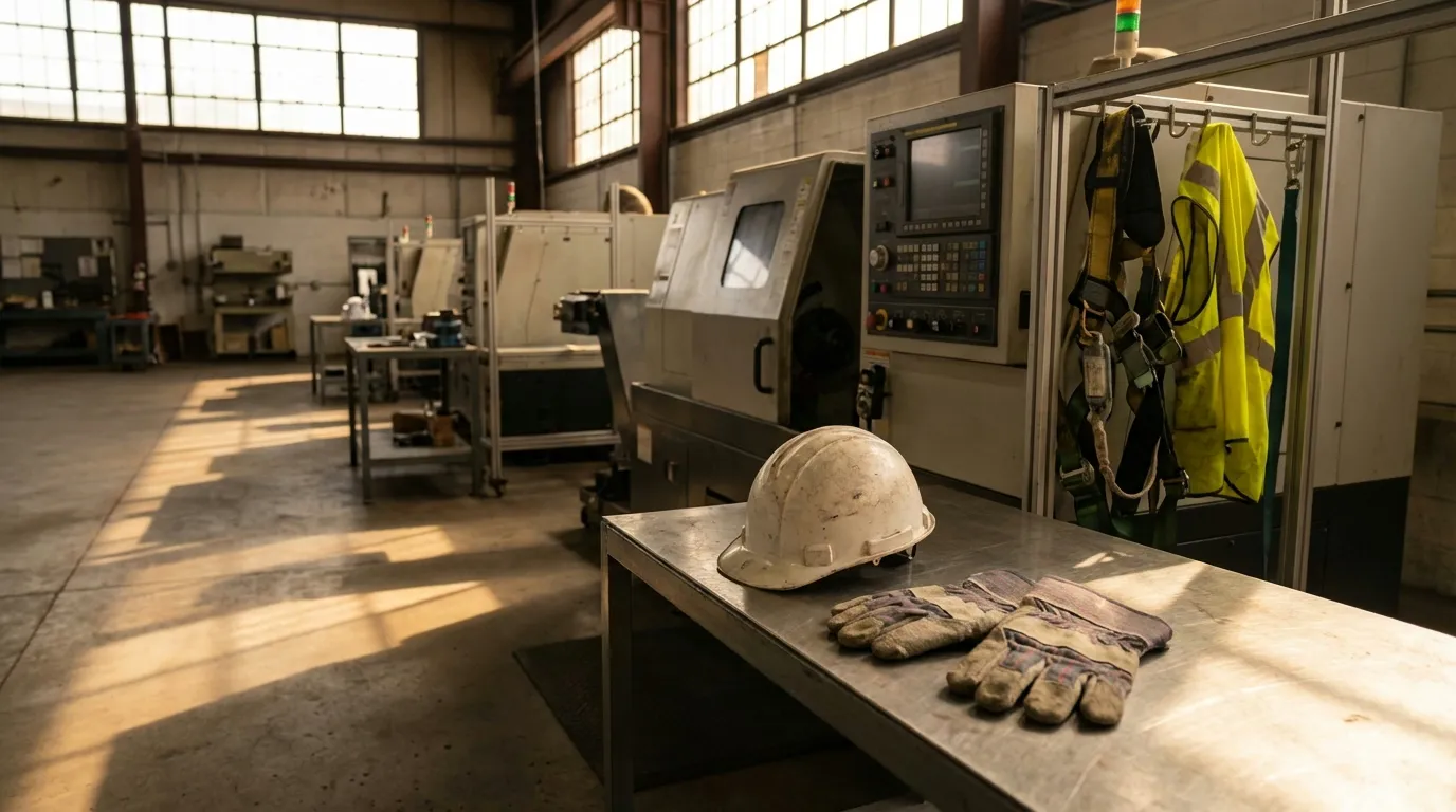 Empty manufacturing workstation with safety equipment and morning light
