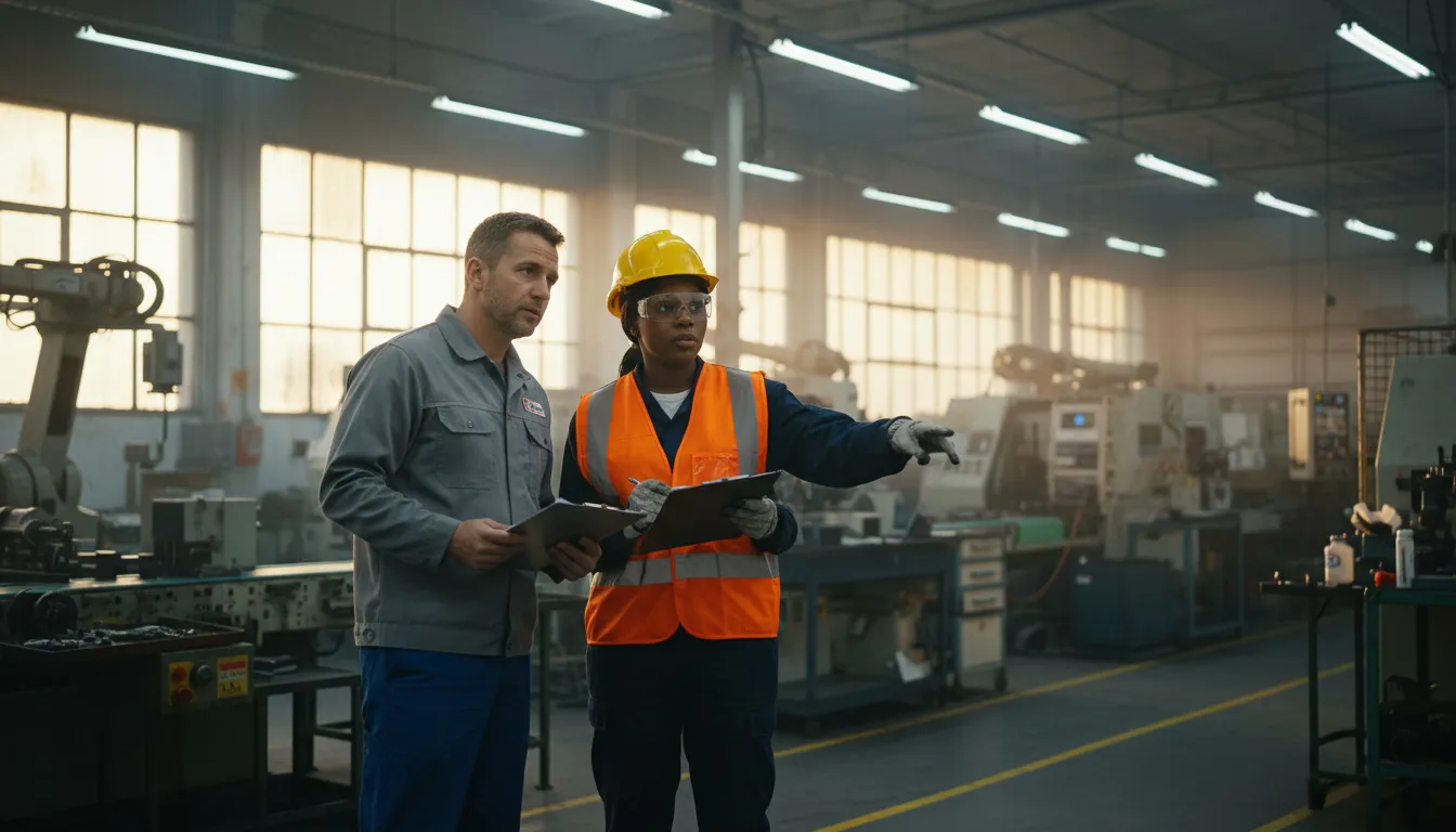 Two factory workers conducting shift handoff on production floor