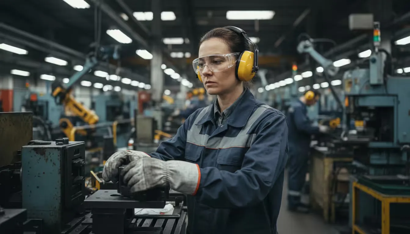 Photorealistic medium shot of a manufacturing floor worker mid-shift, captured from eye level.